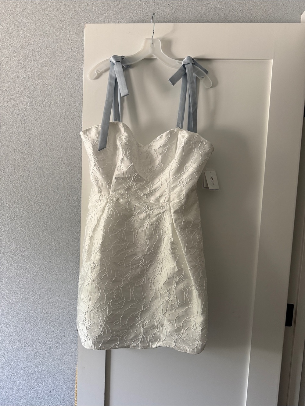 David's Bridal Ivory Floral Jacquard Mini Dress with Blue Tie Straps